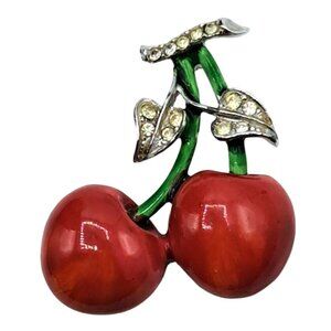Vintage Cherry Brooch Enamel With Clear Rhinestone Leaves Figural Pin Costume Je